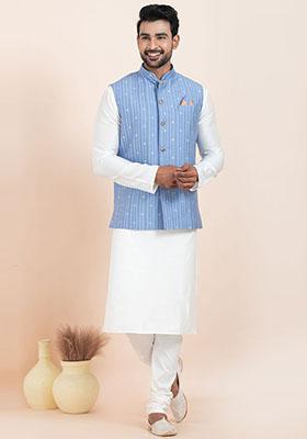 Multicolor Solid Jacquard Nehru Jacket For Men