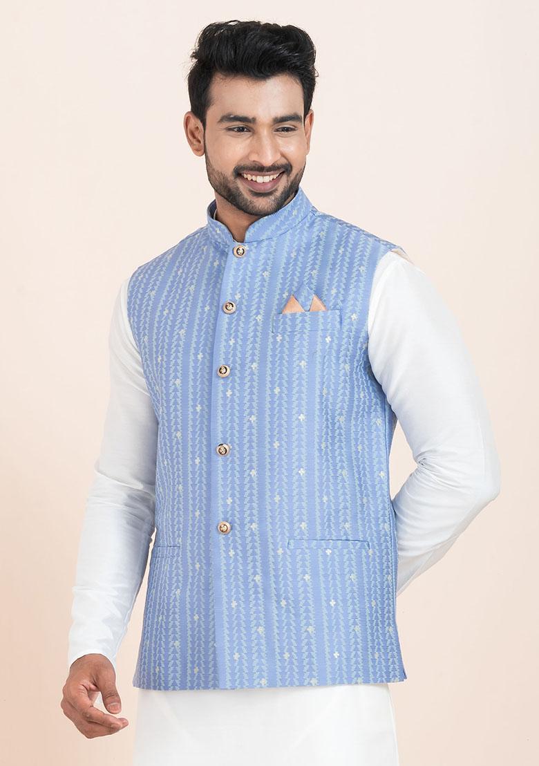 Multicolor Solid Jacquard Nehru Jacket For Men