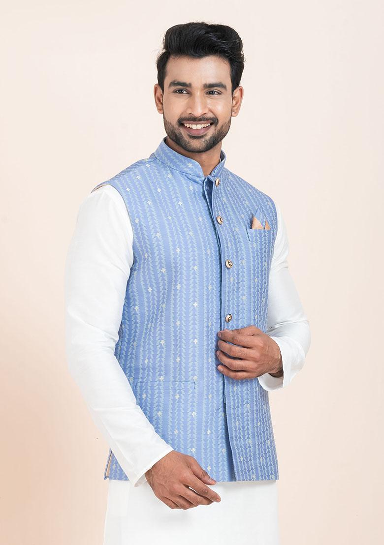 Multicolor Solid Jacquard Nehru Jacket For Men