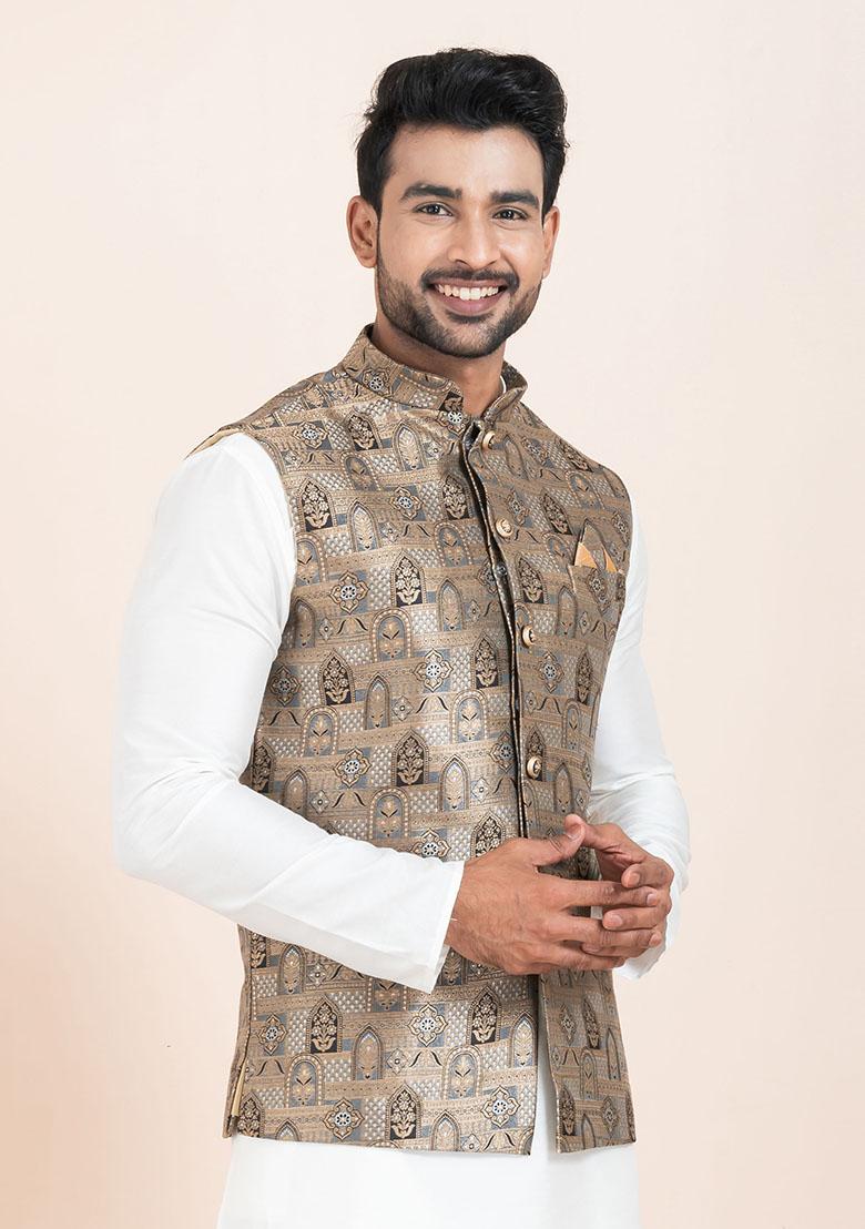 Multicolor Solid Jacquard Nehru Jacket For Men