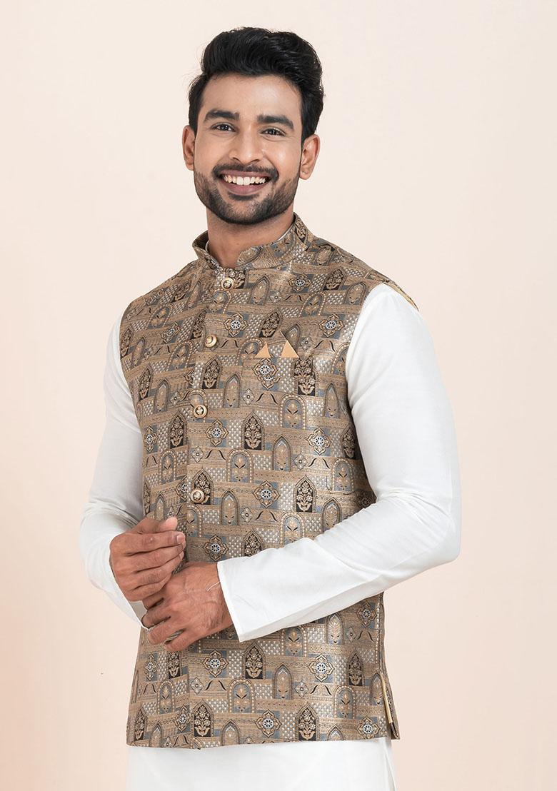 Multicolor Solid Jacquard Nehru Jacket For Men