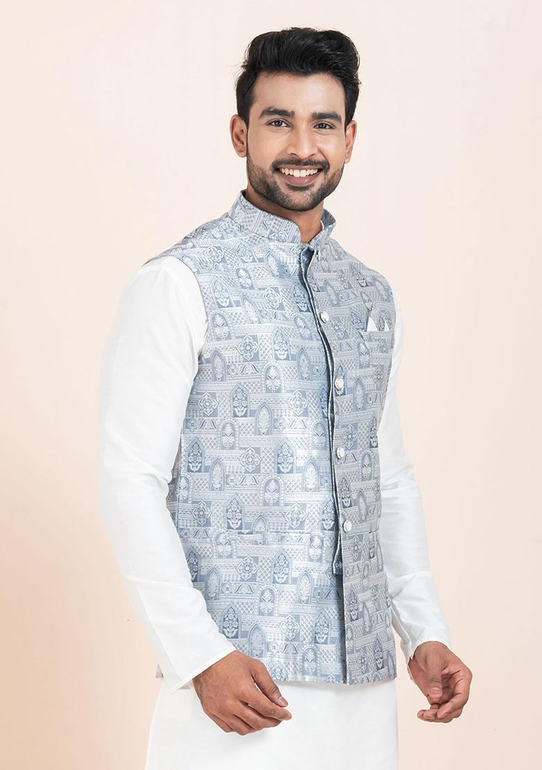 Multicolor Solid Jacquard Nehru Jacket For Men