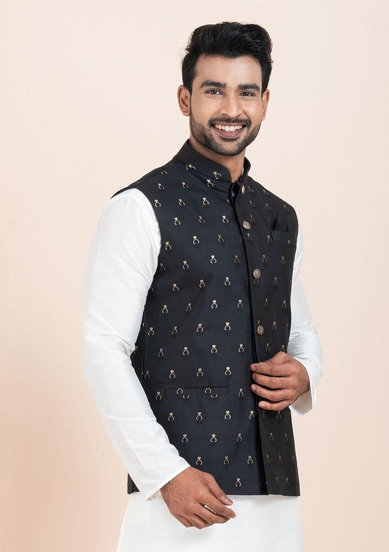Black Solid Jacquard Nehru Jacket For Men