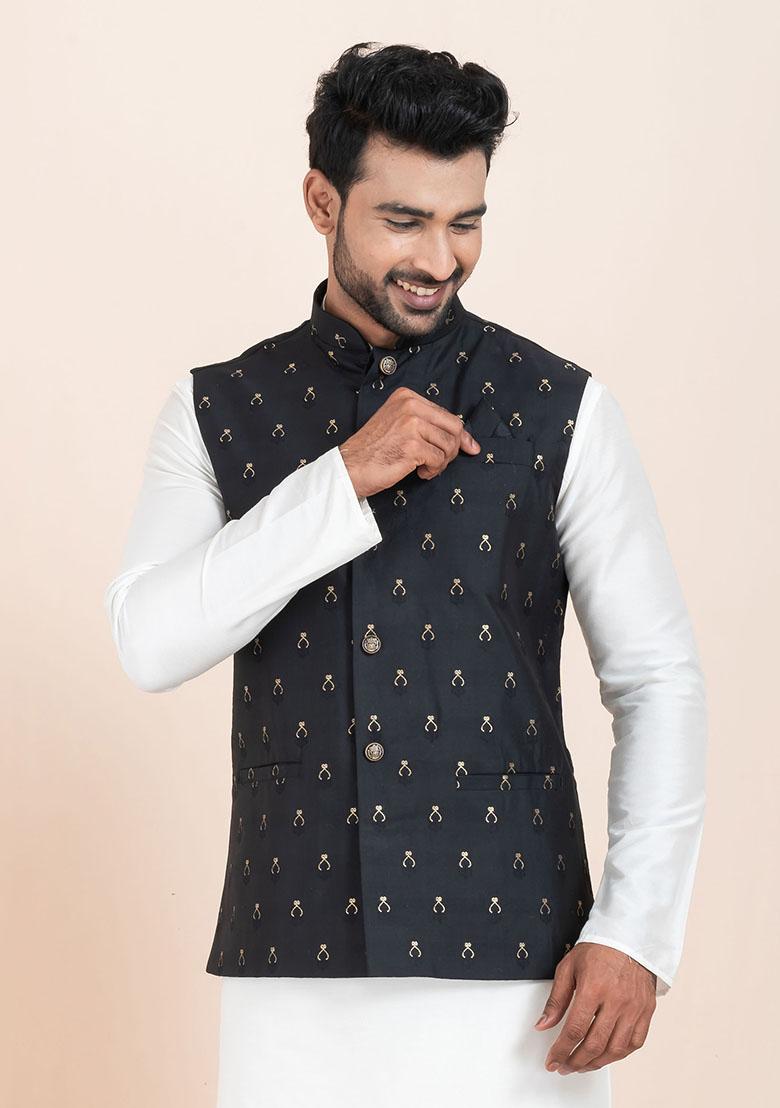 Black Solid Jacquard Nehru Jacket For Men