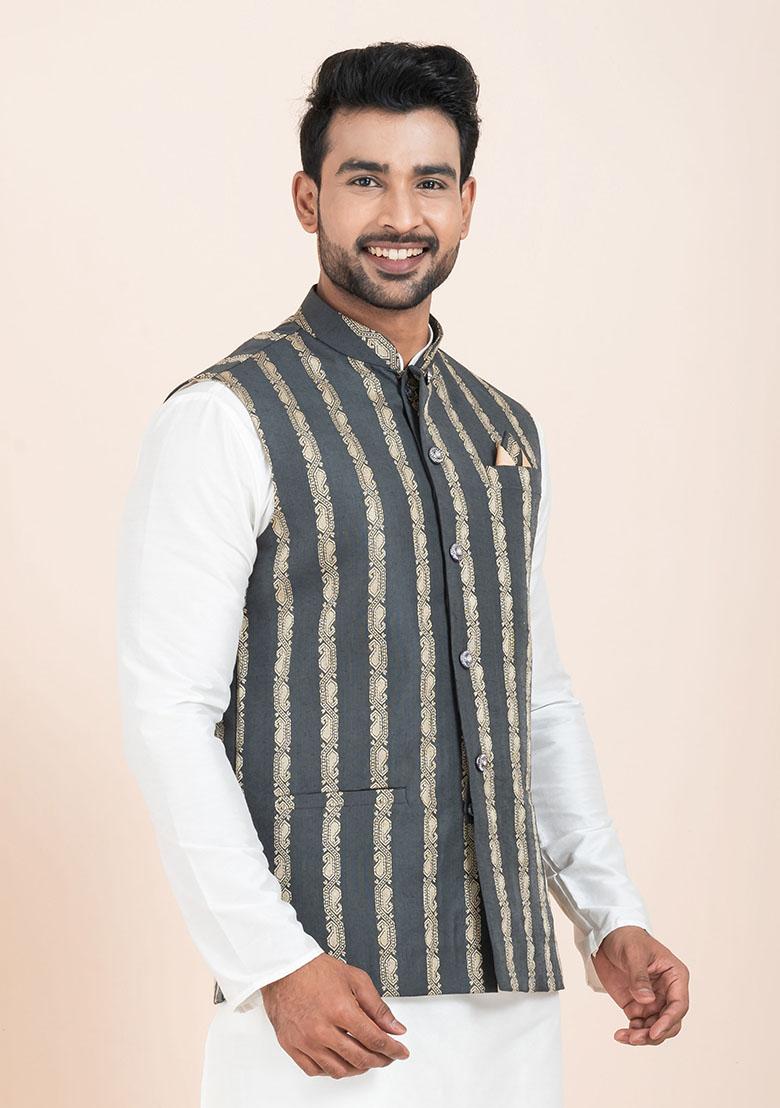 Multicolor Solid Jacquard Nehru Jacket For Men