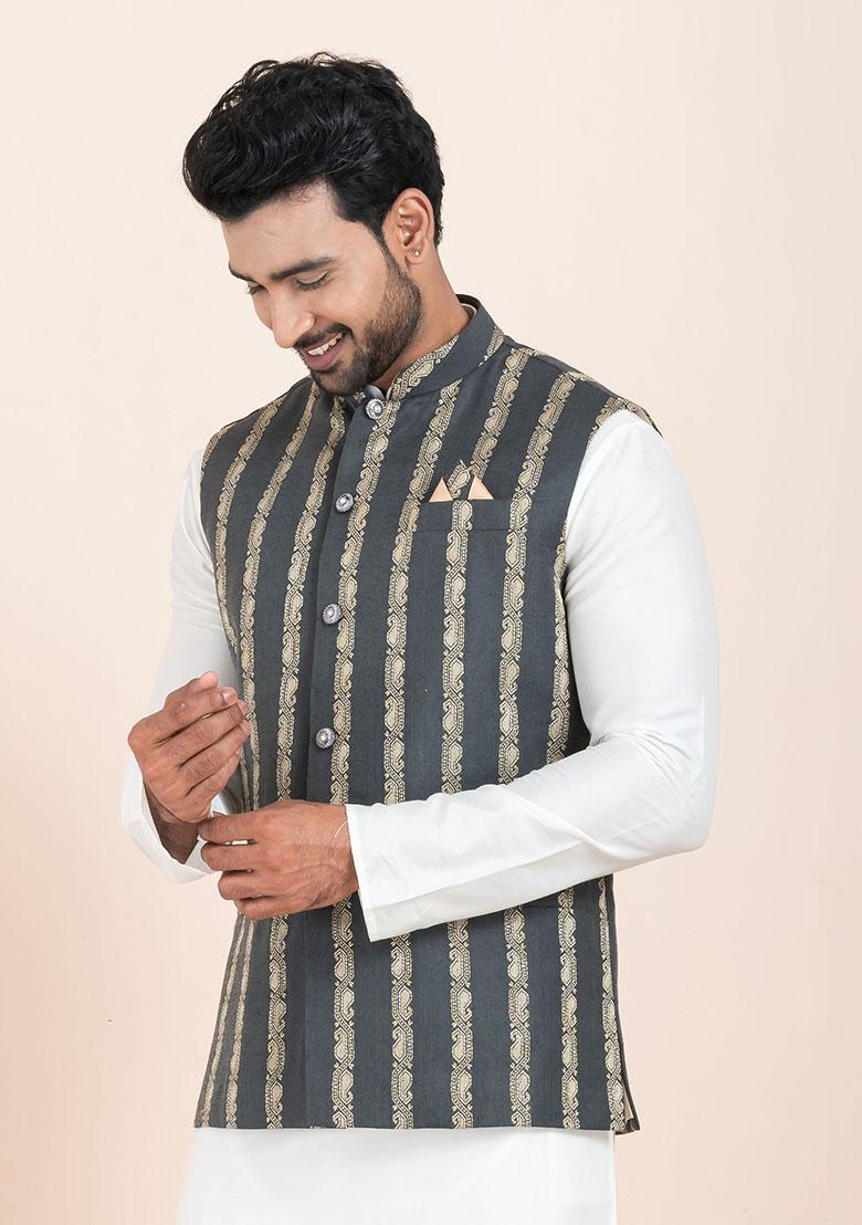 Multicolor Solid Jacquard Nehru Jacket For Men