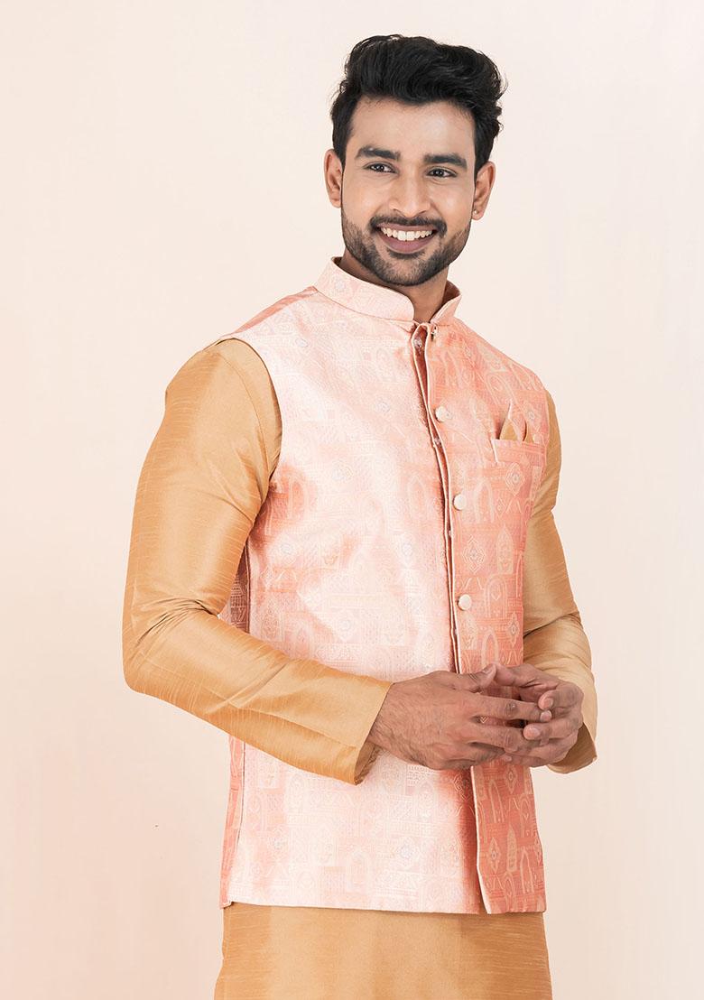 Pink Solid Jacquard Nehru Jacket For Men