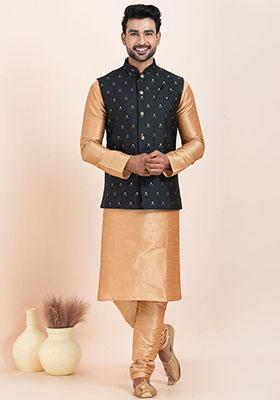 Black Solid Jacquard Nehru Jacket For Men