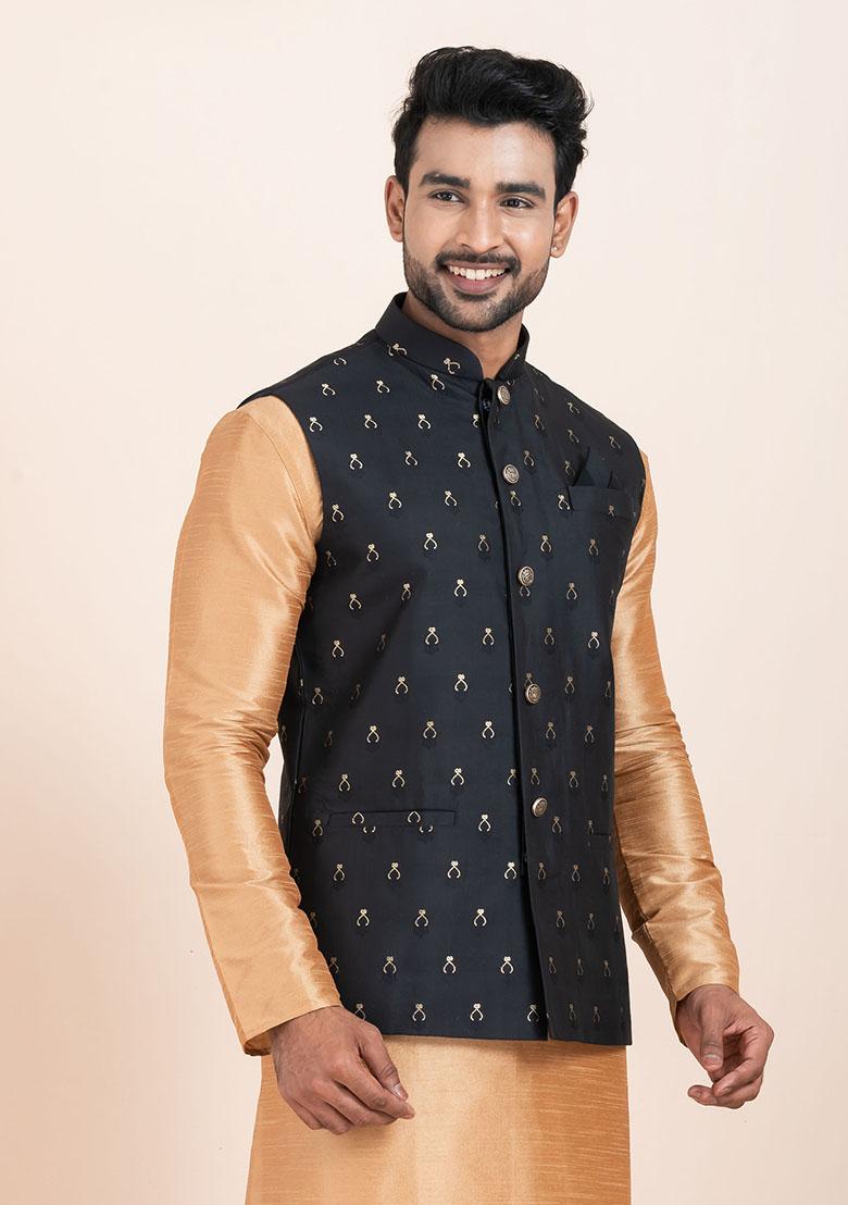 Black Solid Jacquard Nehru Jacket For Men