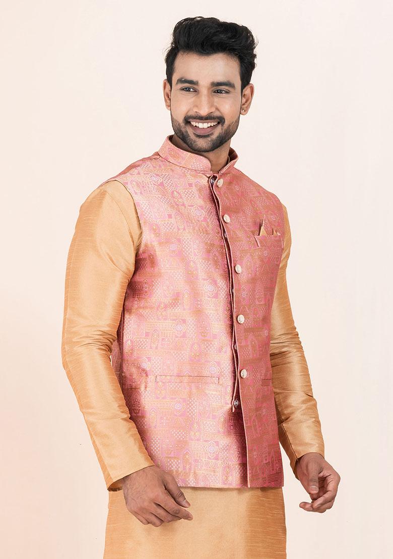 Multicolor Solid Jacquard Nehru Jacket For Men