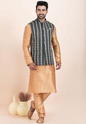 Multicolor Solid Jacquard Nehru Jacket For Men