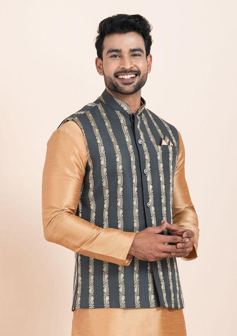 Multicolor Solid Jacquard Nehru Jacket For Men
