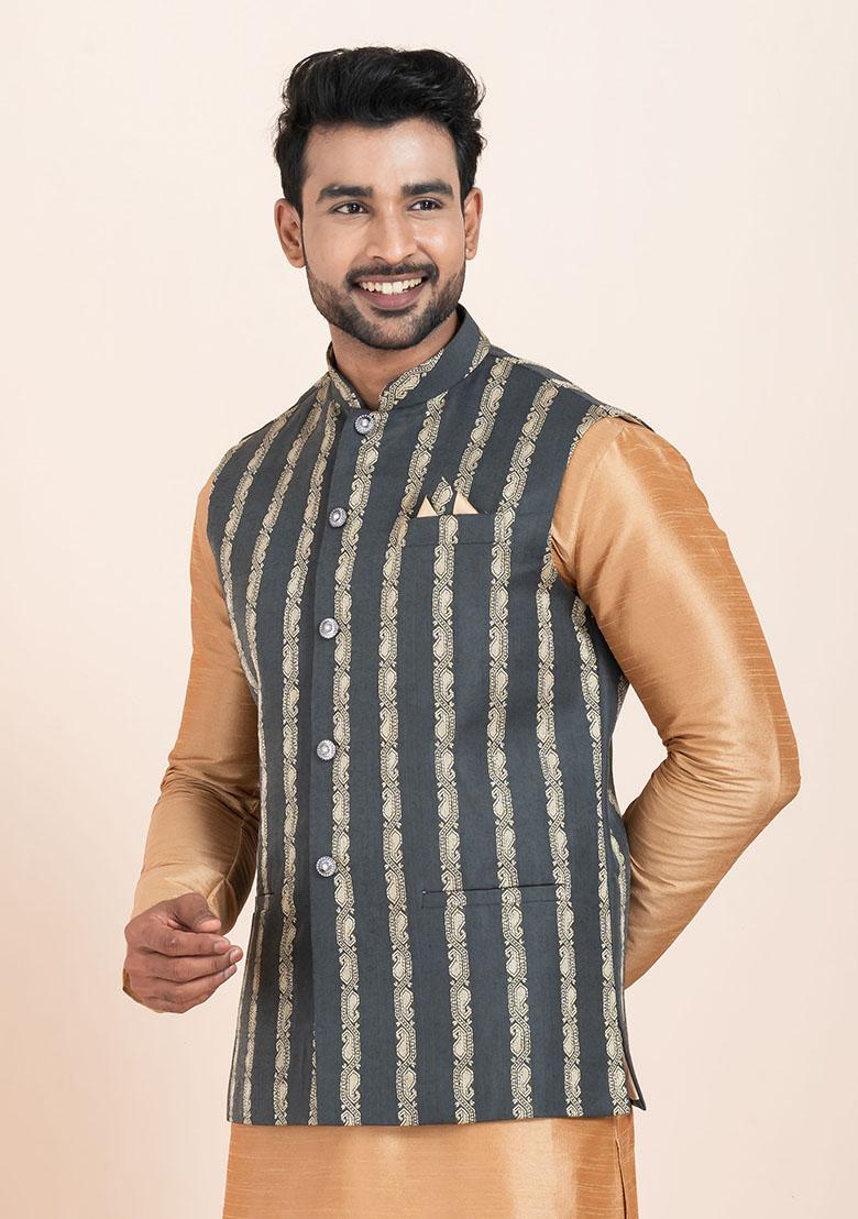 Multicolor Solid Jacquard Nehru Jacket For Men