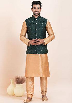 Green Solid Jacquard Nehru Jacket For Men