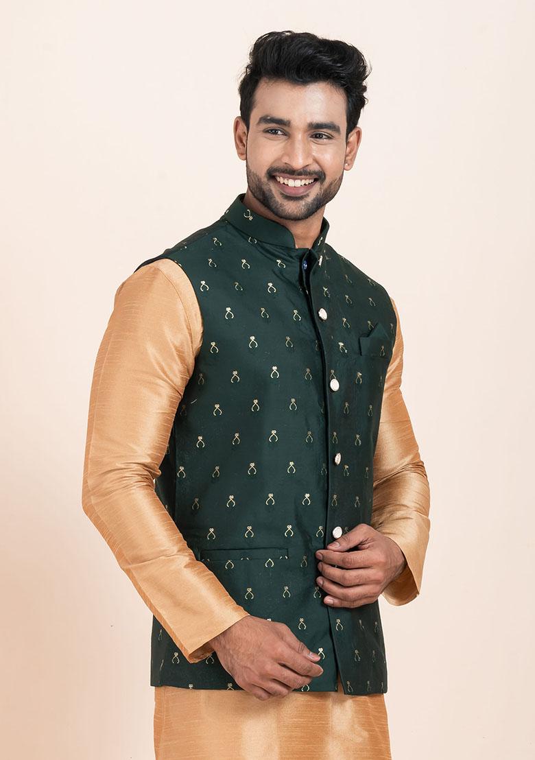 Green Solid Jacquard Nehru Jacket For Men