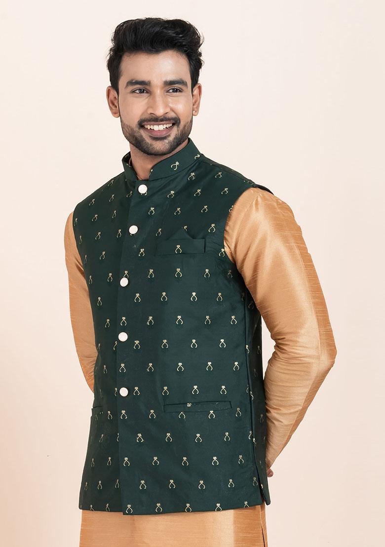 Green Solid Jacquard Nehru Jacket For Men
