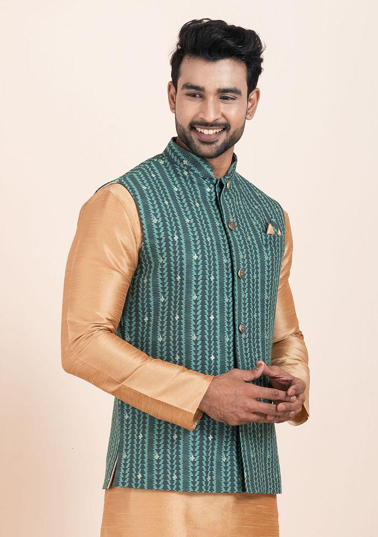 Multicolor Solid Jacquard Nehru Jacket For Men