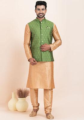 Green Solid Jacquard Nehru Jacket For Men