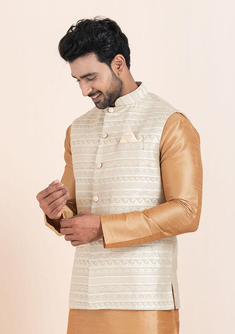Multicolor Solid Jacquard Nehru Jacket For Men