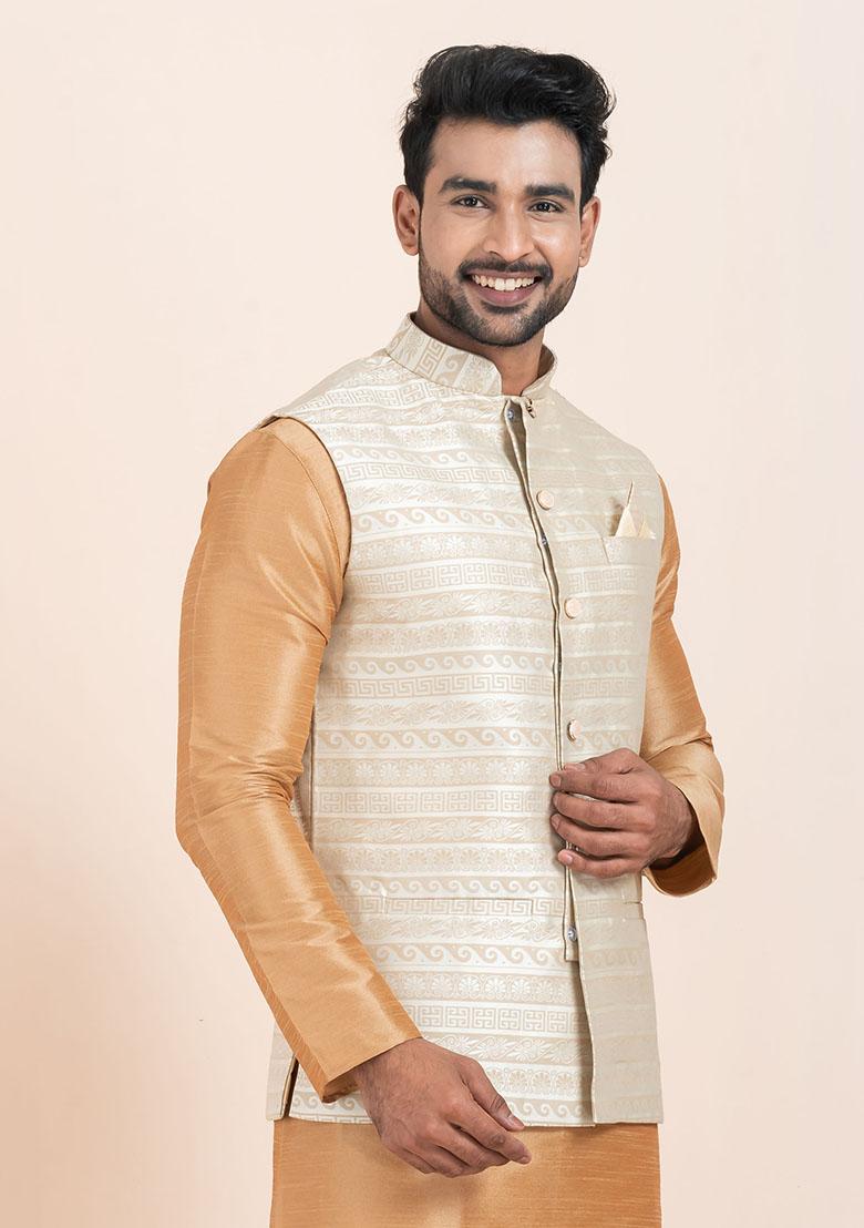 Multicolor Solid Jacquard Nehru Jacket For Men