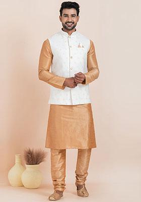 White Solid Jacquard Nehru Jacket For Men