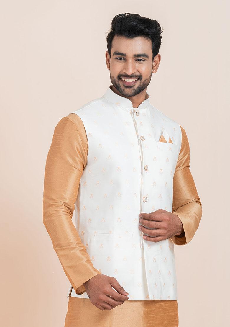 White Solid Jacquard Nehru Jacket For Men