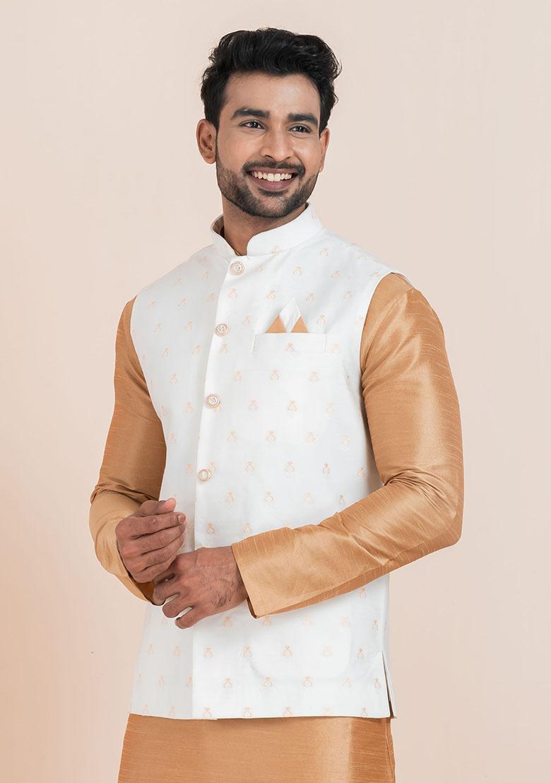 White Solid Jacquard Nehru Jacket For Men