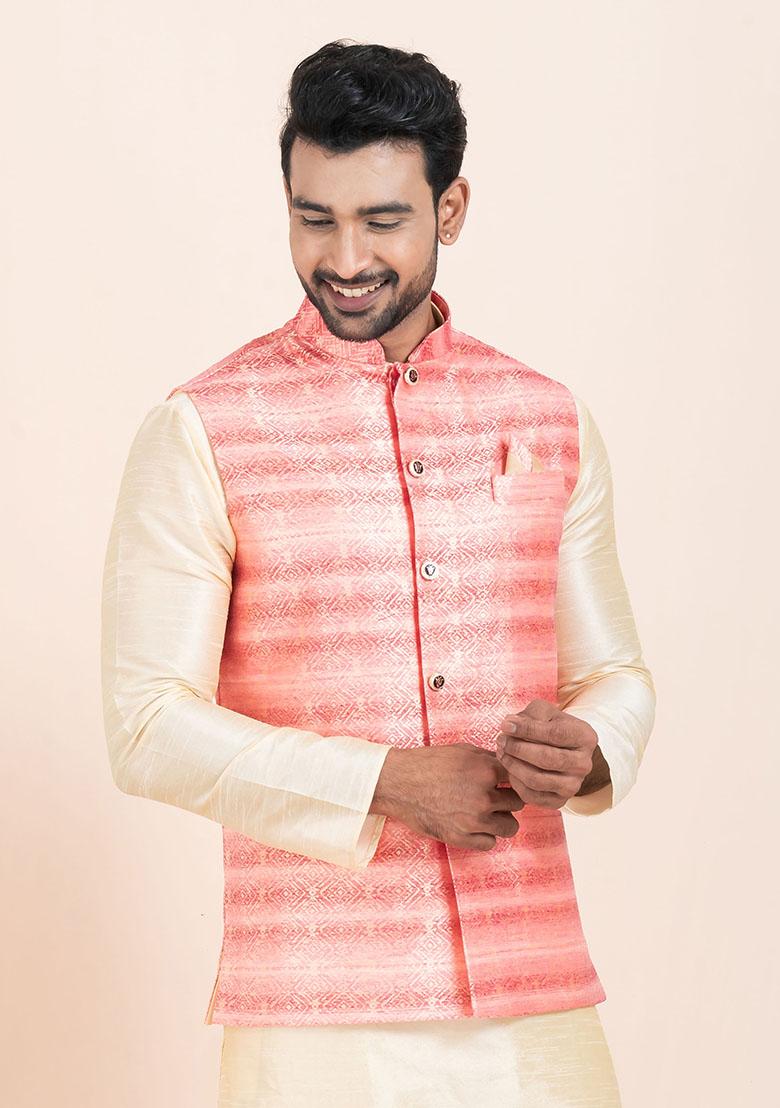 Multicolor Solid Jacquard Nehru Jacket For Men