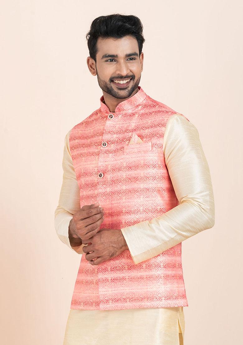 Multicolor Solid Jacquard Nehru Jacket For Men
