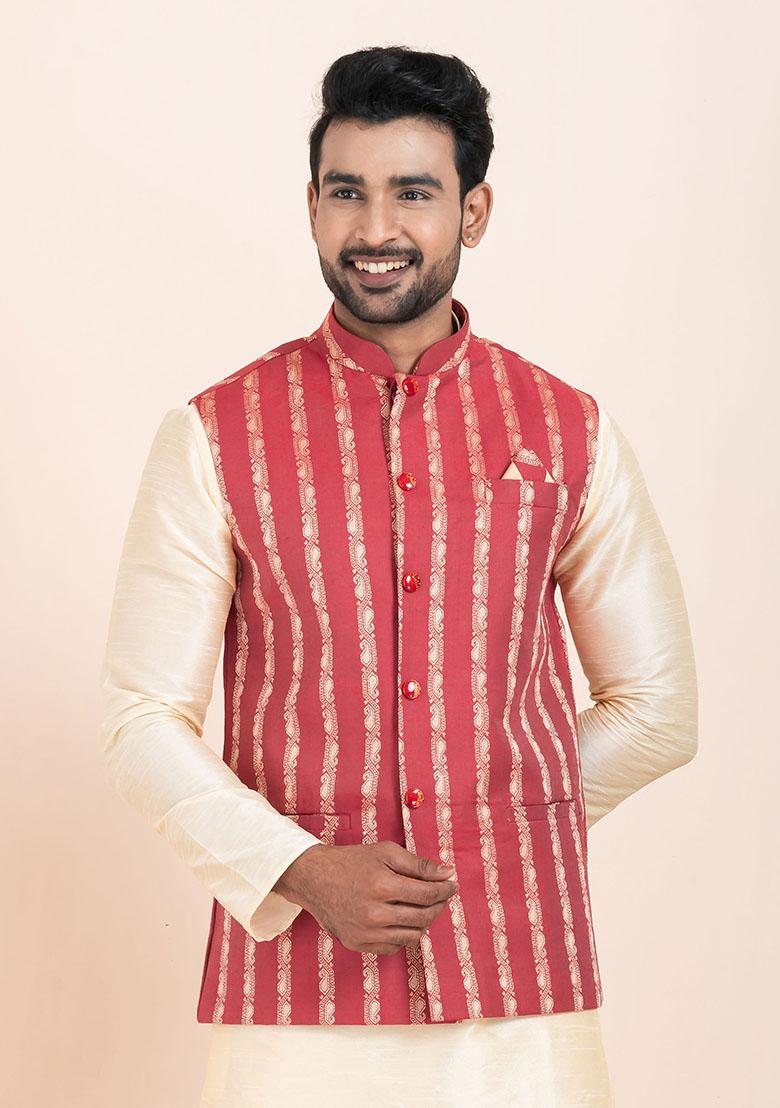 Multicolor Solid Jacquard Nehru Jacket For Men