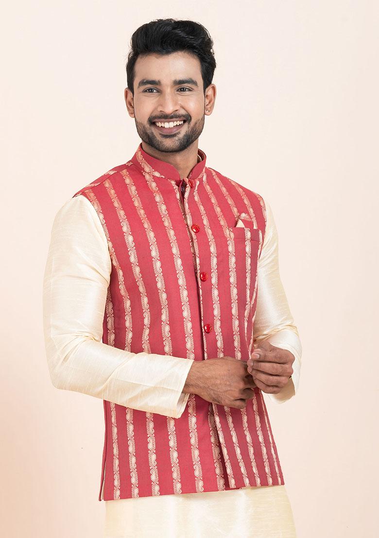 Multicolor Solid Jacquard Nehru Jacket For Men