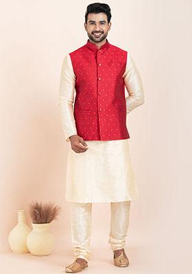 Red Solid Jacquard Nehru Jacket For Men