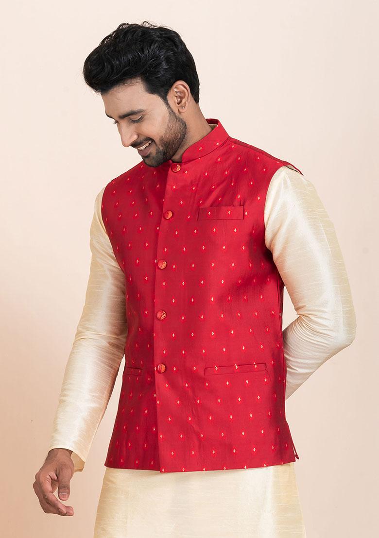 Red Solid Jacquard Nehru Jacket For Men