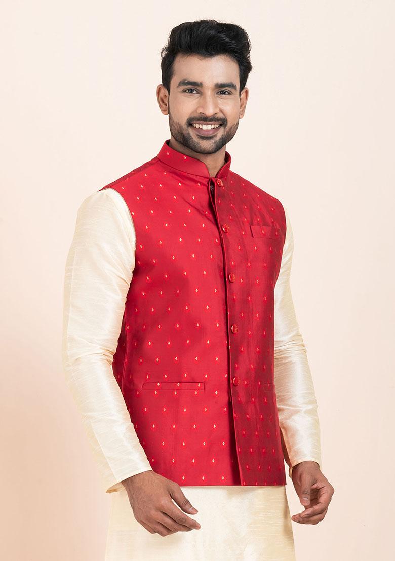 Red Solid Jacquard Nehru Jacket For Men
