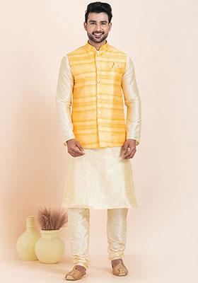 Yellow Solid Jacquard Nehru Jacket For Men