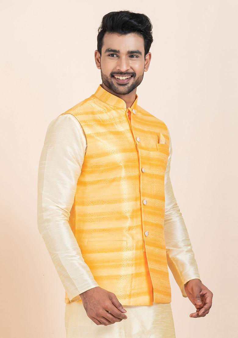 Yellow Solid Jacquard Nehru Jacket For Men