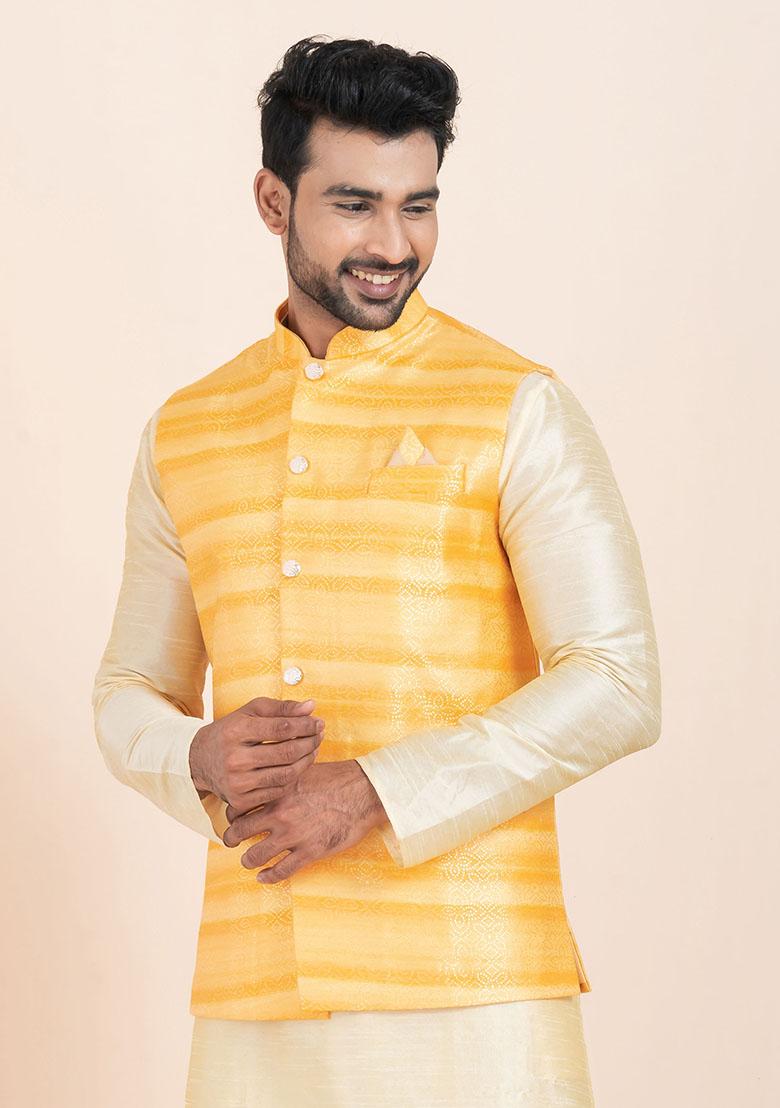 Yellow Solid Jacquard Nehru Jacket For Men