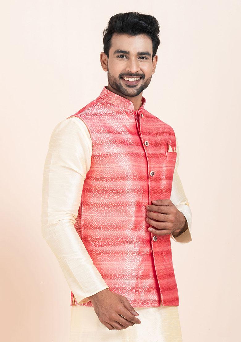 Multicolor Solid Jacquard Nehru Jacket For Men