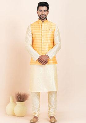 Yellow Solid Jacquard Nehru Jacket For Men