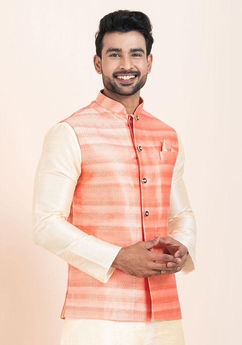 Multicolor Solid Jacquard Nehru Jacket For Men
