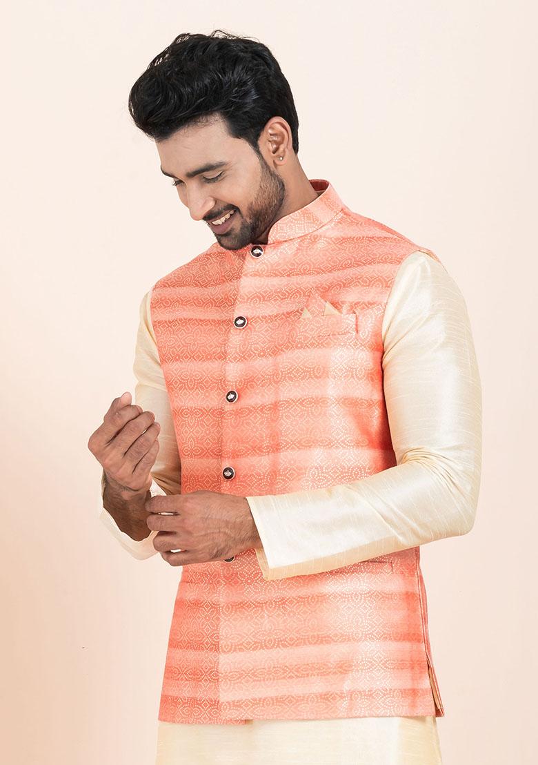 Multicolor Solid Jacquard Nehru Jacket For Men
