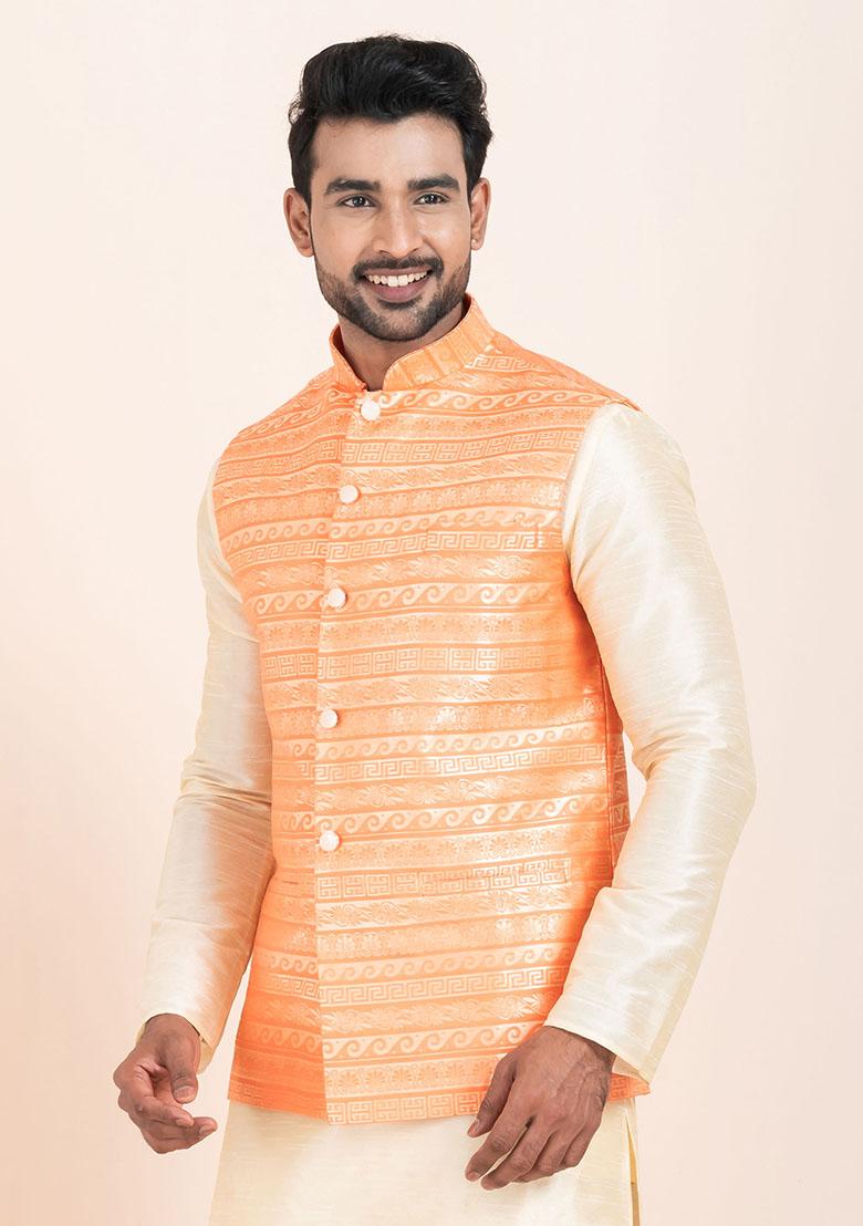Multicolor Solid Jacquard Nehru Jacket For Men