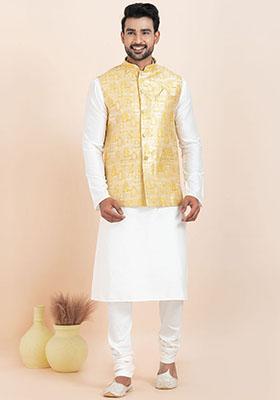 Multicolor Solid Jacquard Nehru Jacket For Men