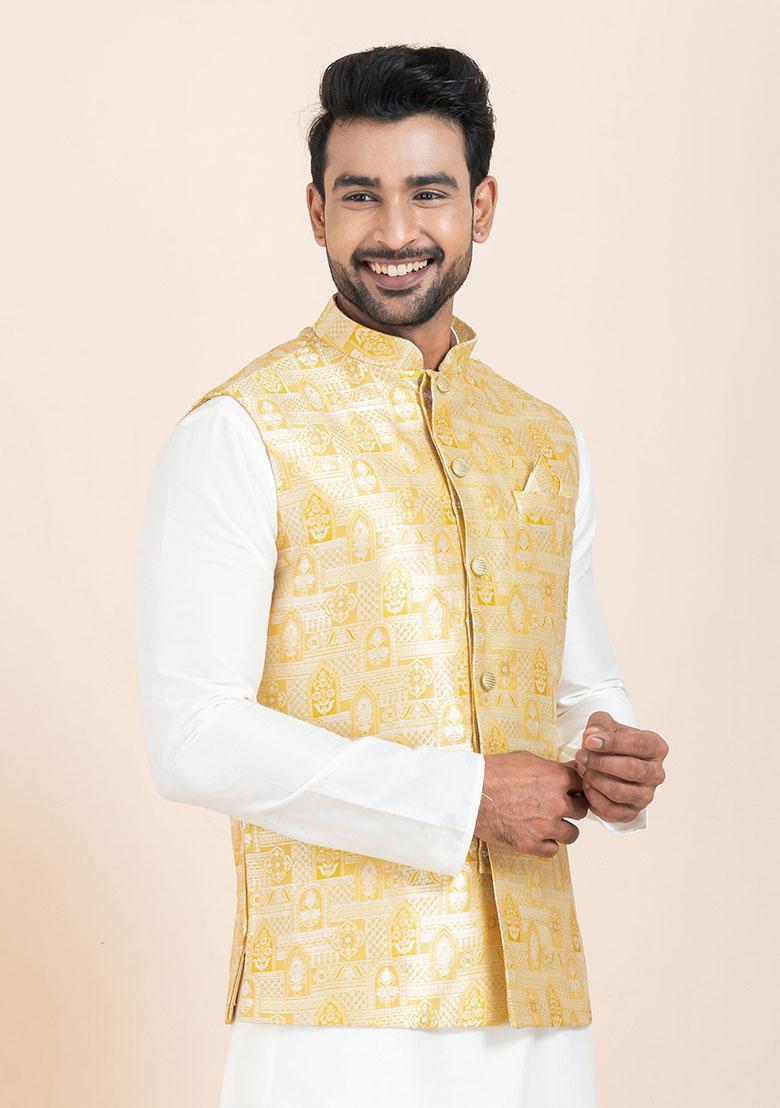 Multicolor Solid Jacquard Nehru Jacket For Men