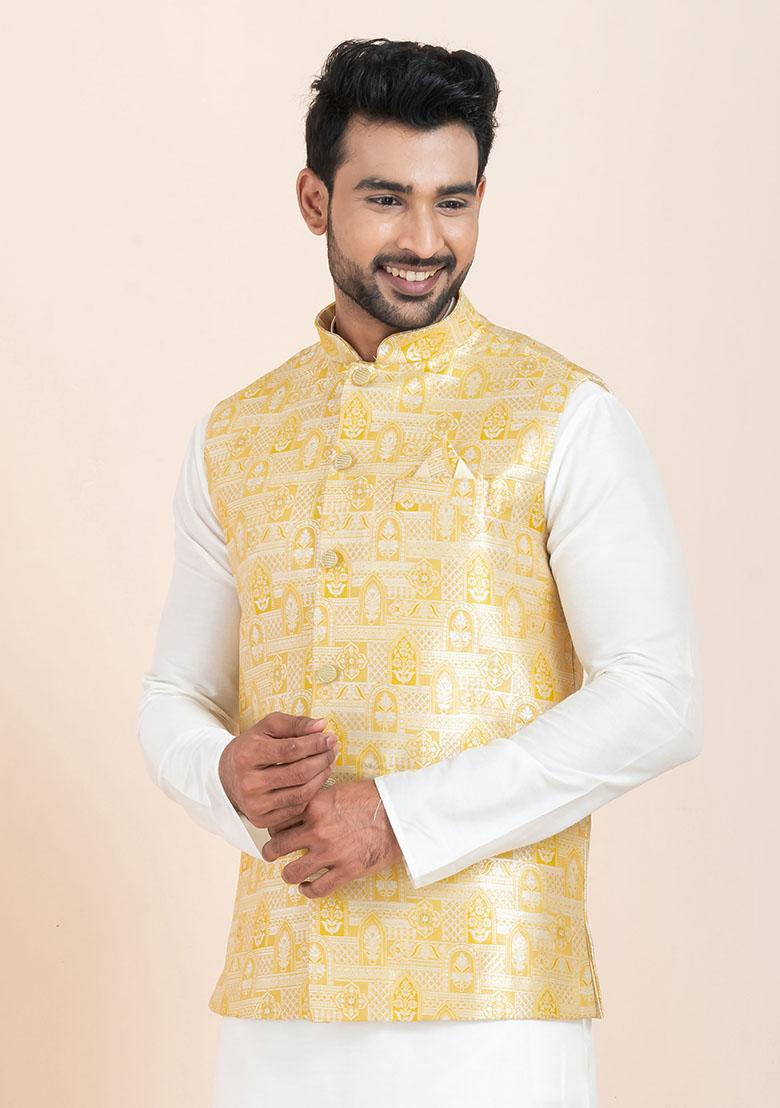 Multicolor Solid Jacquard Nehru Jacket For Men