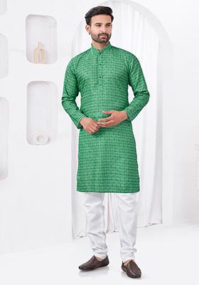 Green Embroidered Cotton Kurta Set For Men