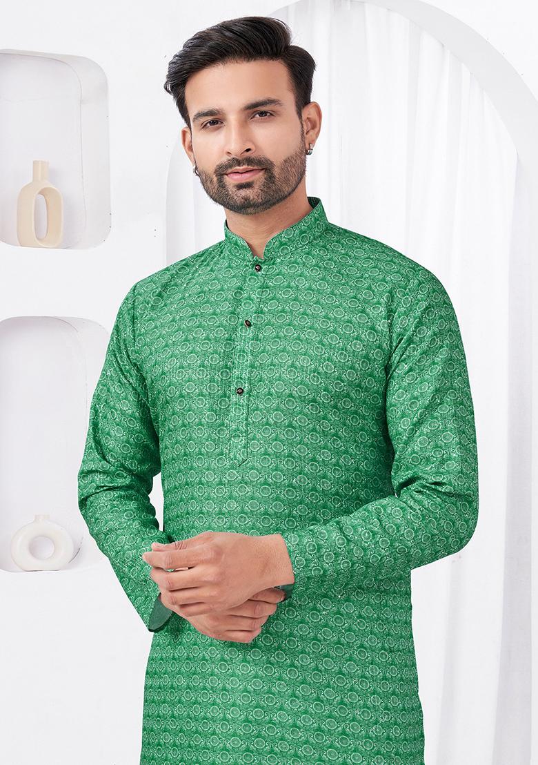 Green Embroidered Cotton Kurta Set For Men