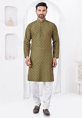 Brown Embroidered Cotton Kurta Set For Men