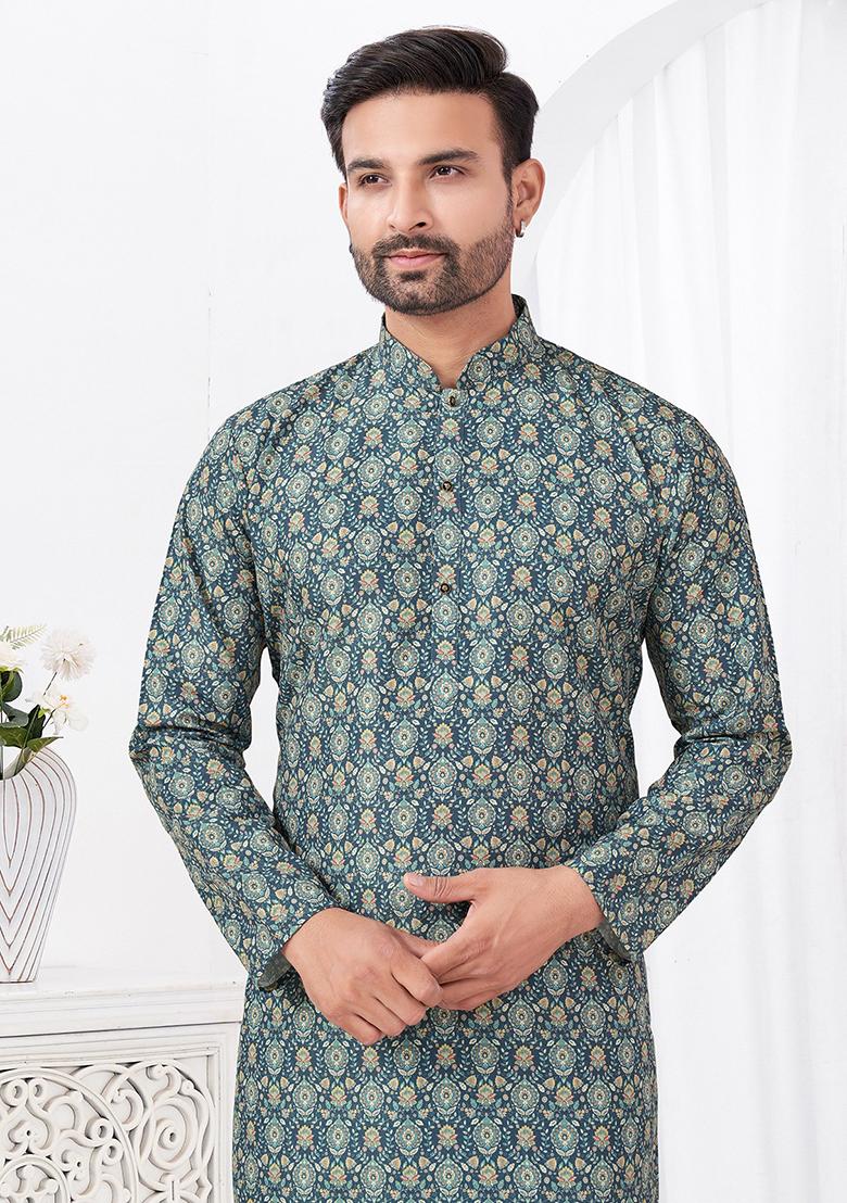 Blue Embroidered Cotton Kurta Set For Men