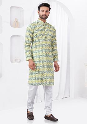 Yellow Embroidered Cotton Kurta Set For Men